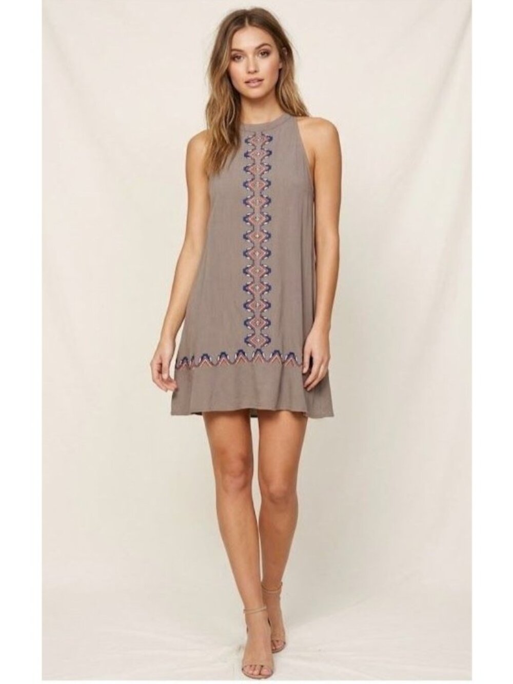 THML Womens M Brown Embroidered Mini Dress Sleeveless Boho Southwestern Rayon